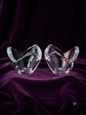 Pair of Elegant Sculptural Crystal Tea Light Holders with a 3 Pedal Design. ♡